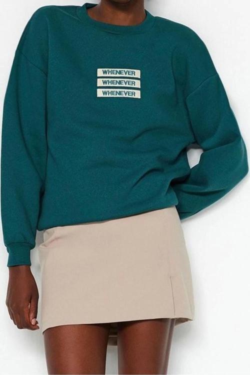 Bisiklet Yaka Düşük Kol Kalın İçi Polarlı Slogan Nakışlı Rahat Kalıp Örme Sweatshirt