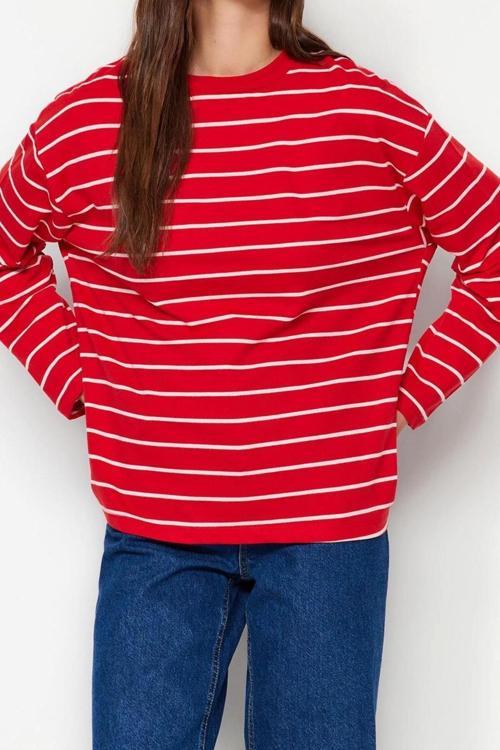 Tarz Oversize Bisiklet Yaka Düşük Kol Uzun Çizgili Geniş Kesim İnce Örme Sweatshirt