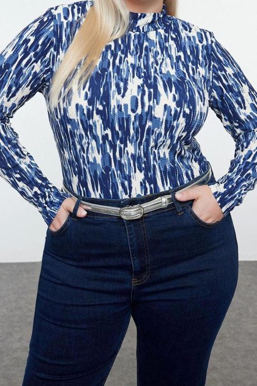 Stil Kadın Baskılı Vücuda Oturan Bluz Regular Örme Fitted Kalıp Büyük Beden