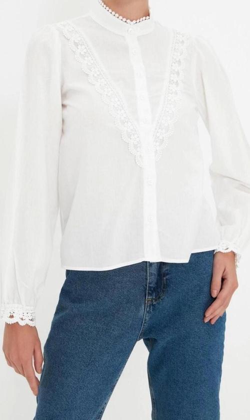 Moda Kadın Dik Yaka Düz Desen Günlük Dantelli Pamuklu Regular Normal Kalıp Dokuma Gömlek