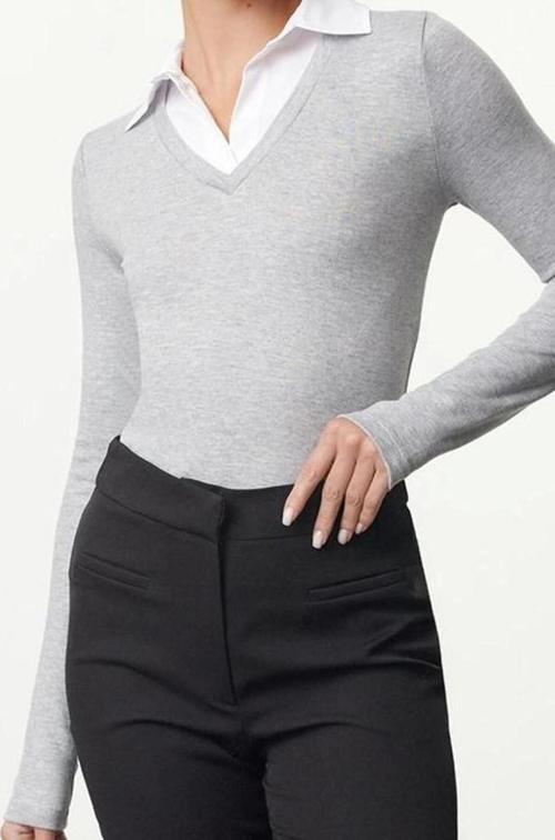 Stil Kadın Dokuma Detaylı Gömlek Yaka Normal Kalıp Bluz Uzun Örme Regular Kalıp