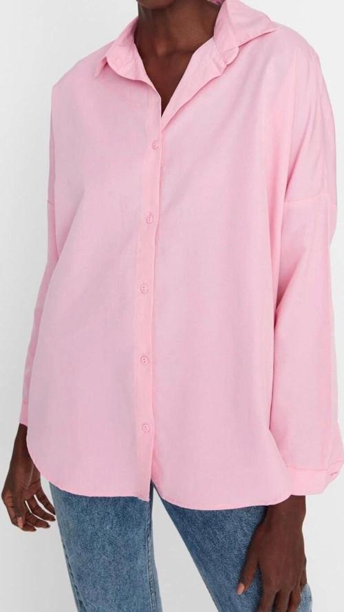 Moda Kadın Gömlek Yaka Düz Desen Günlük Pamuklu Oversize Geniş Kalıp Dokuma Gömlek
