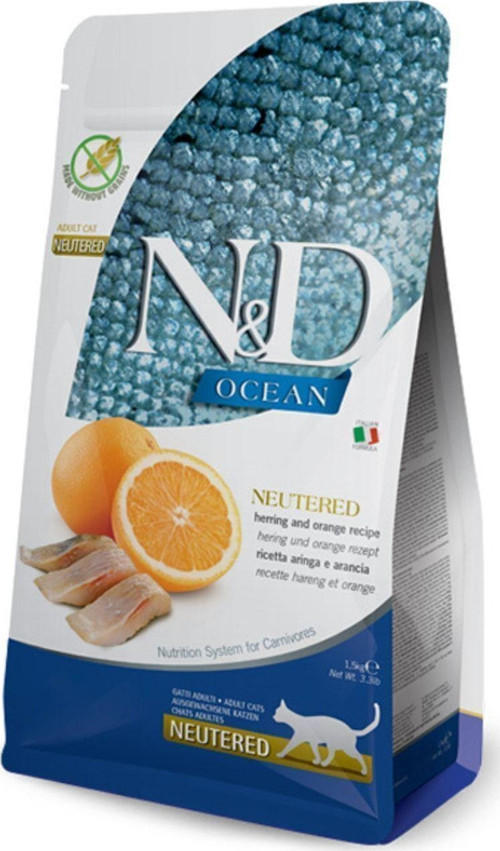 Nd Ocean Tahılsız Ringa Balığı Portakallı Kısır Kedi Maması 1,5Kg Neutered, Herring And Orange Adult