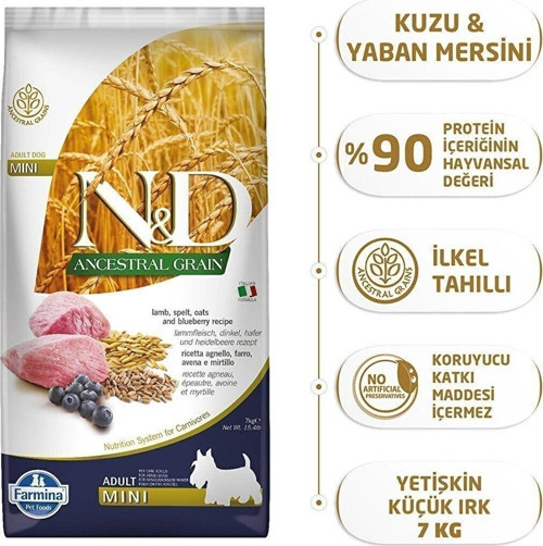 Nd Ancestral Grain Düşük Tahıllı Kuzu Etli Yaban Mersinli Mini Irk Yetişkin Köpek Maması 7 Kg