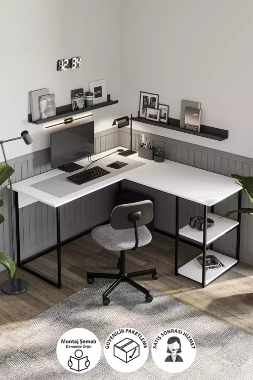 Çalışma Masası Ofis Masası Köşe Masa Bilgisayar Masası Odin Beyaz