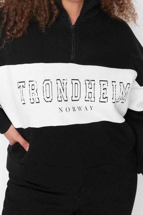 Büyük Beden Tarz Regular Dik Yaka Düşük Kol Regular Fermuarlı Kalın Şardonlu Örme Sweatshirt