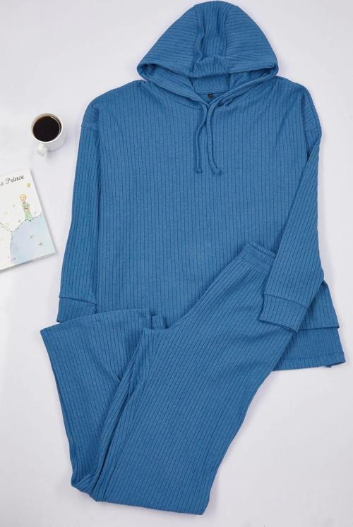 Tarz Rahat Uzun Kollu Boru Paça Fitilli Pamuklu Örme Pijama Takımı