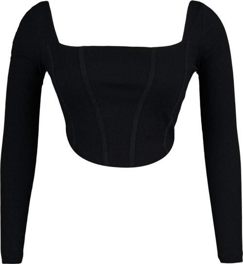 Moda Büyük Beden Kare Yaka Örme Fit Düz Desen Casual Günlük Crop Uzun Kol Bluz