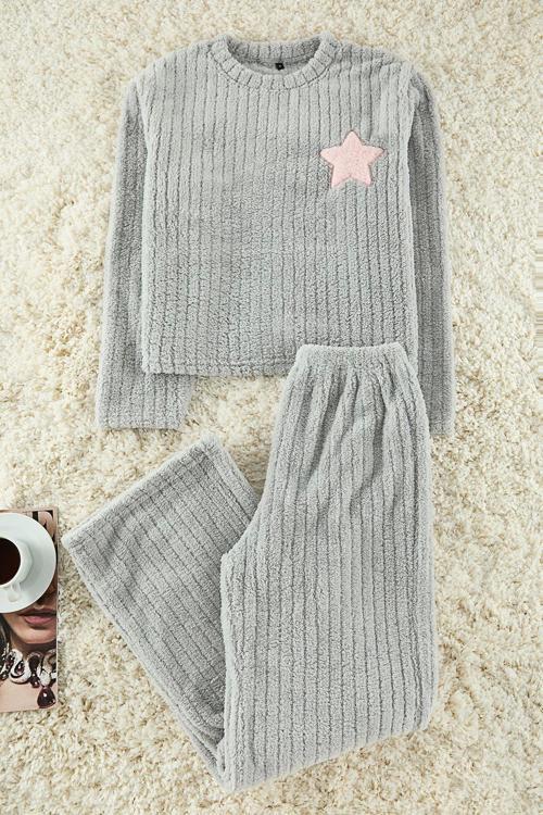 Tarz Rahat Uzun Kollu Boru Paça Yıldız Nakışlı Çizgili Kışlık Wellsoft Örme Pijama Takımı