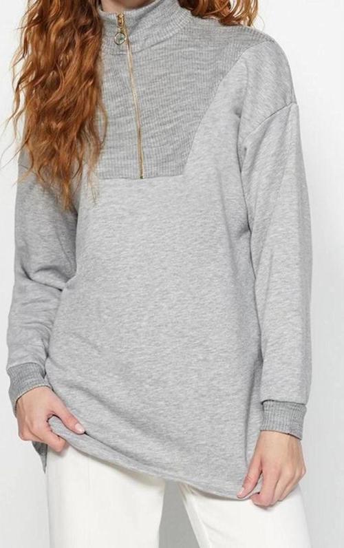 Tesettür Tarz Regular Dik Yaka Standart Kol Regular Fermuarlı Yaka Detaylı Örme Sweatshirt