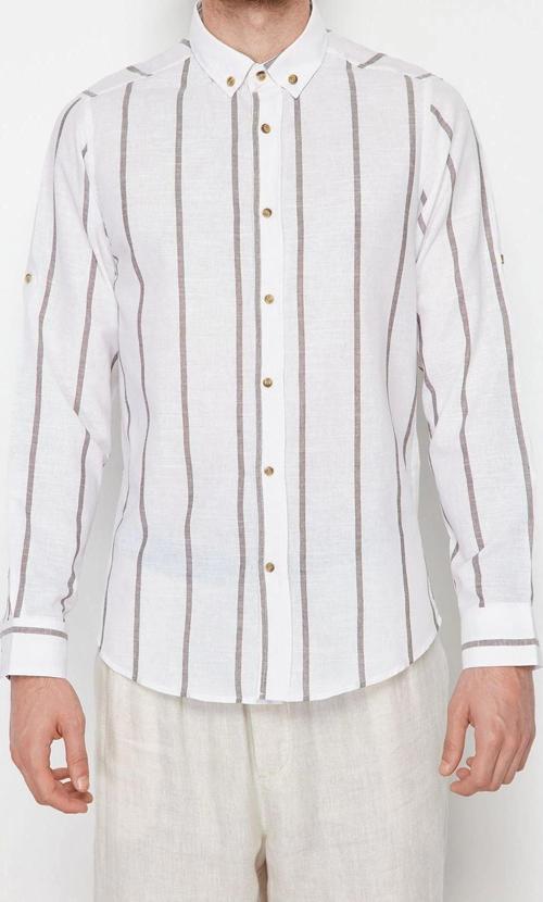 Şık Çizgili Desen Düğmeli Yaka Slim Fit Düğmeli Yaka Apoletli Çizgili Gömlek