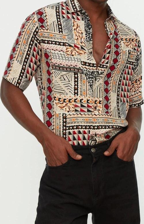 Şık Etnik Desen Gömlek Yaka Regular Fit Apaş Yaka %100 Viskon Kısa Kollu Yazlık Etnik Gömlek