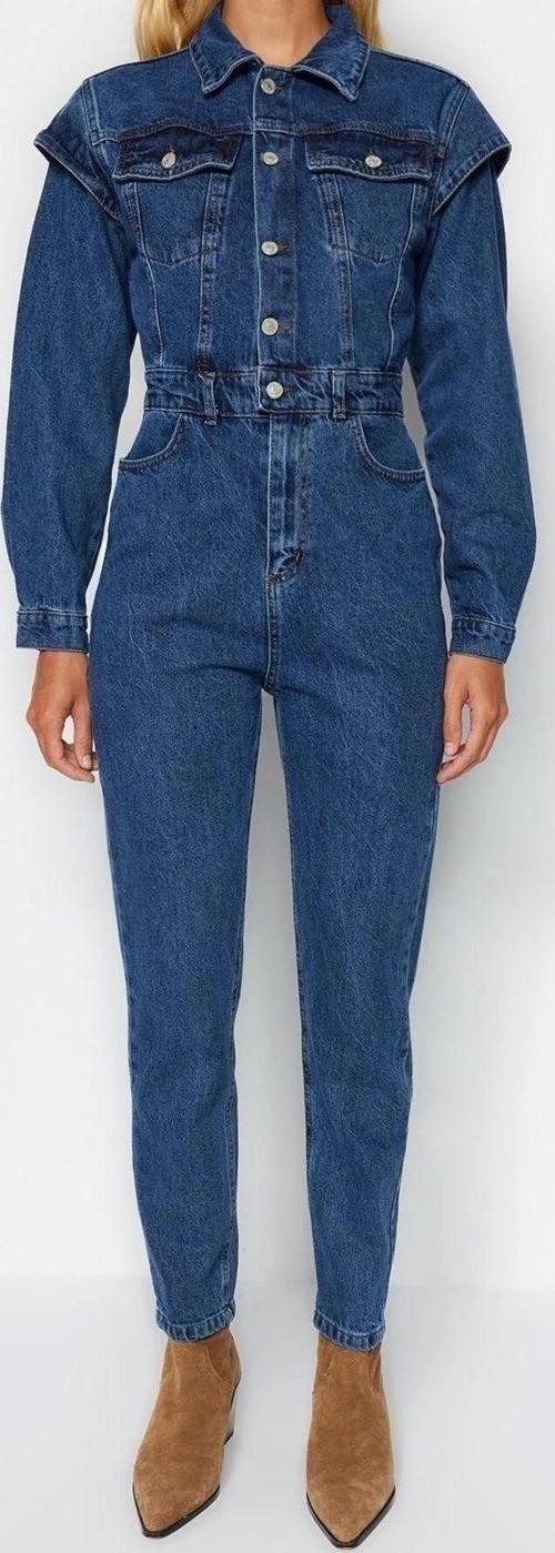 Kadın Moda Standart Kol Dar Paça Ceket Yaka Regular Dikiş Detaylı Denim Tulum