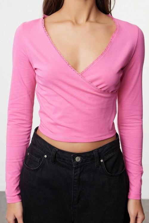 Moda Kruvaze Örme Slim Düz Desen Casual Günlük Crop Uzun Kol Bluz