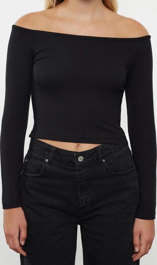 Moda Carmen Yaka Örme Slim Çizgili Desen Casual Günlük Regular Uzun Kol Bluz