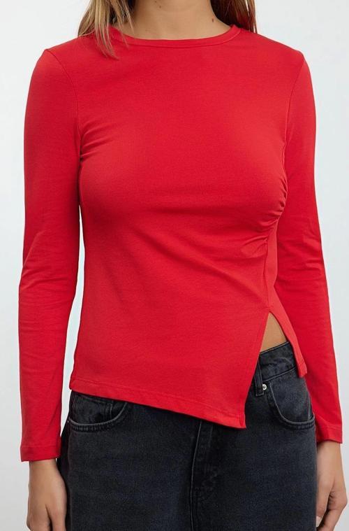 Moda Bisiklet Yaka Örme Slim Düz Desen Casual Günlük Regular Uzun Kol Bluz