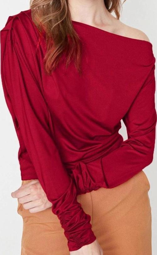 Moda Asimetrik Yaka Örme Regular Düz Desen Resmi Regular Uzun Kol Bluz