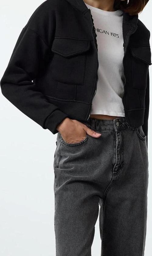 Kapüşonlu Standart Kol Rahat Kesim Crop Cep Detaylı Kalın İçi Polarlı Örme Sweatshirt