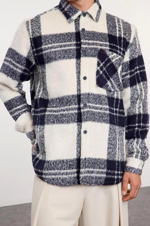 Şık Ekose Kareli Desen Gömlek Yaka Unisex Oversize Fit Kışlık Kareli Oduncu Gömlek Ceket