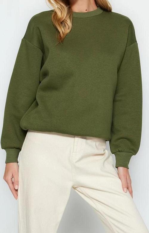 Regular Bisiklet Yaka Düşük Kol Regular Kalın İçi Polarlı Normal Kalıp Basic Örme Sweatshirt