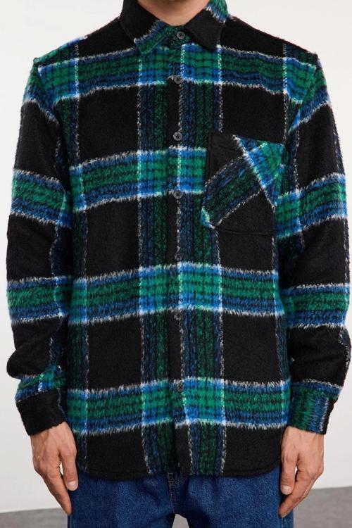 Şık Ekose Kareli Desen Gömlek Yaka Unisex Oversize Fit Kışlık Kareli Oduncu Gömlek Ceket