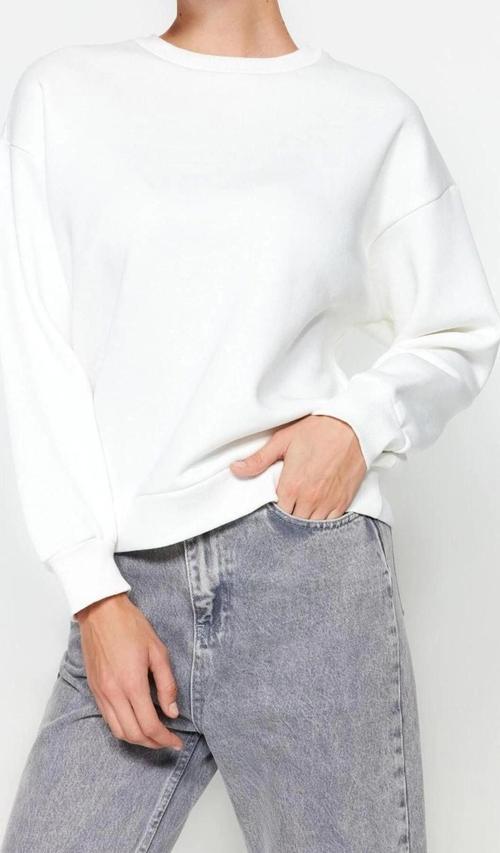 Regular Bisiklet Yaka Düşük Kol Regular Kalın İçi Polarlı Normal Kalıp Basic Örme Sweatshirt