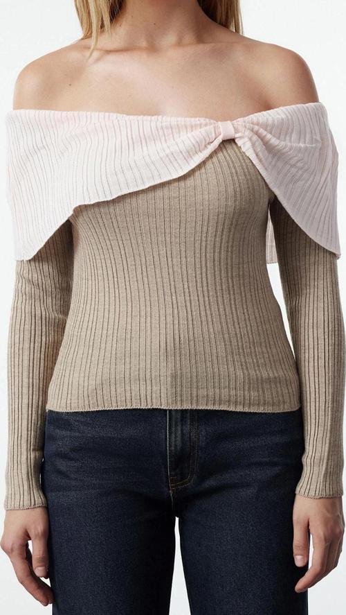 Stil Modern Kadın Regular Standart Kol Carmen Yaka Ekru001 Renk Bloklu Triko Kazak