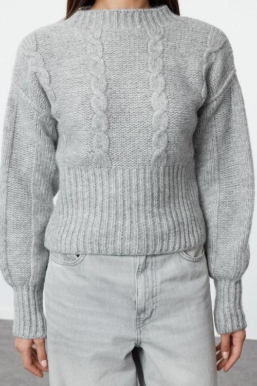 Stil Modern Kadın Crop Standart Kol Dik Yaka Saç Örgü Bisiklet Yaka Triko Kazak