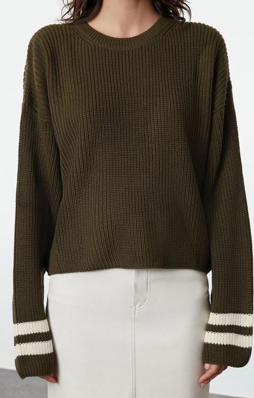 Stil Modern Kadın Regular Standart Kol Bisiklet Yaka Crop Çizgili Triko Kazak
