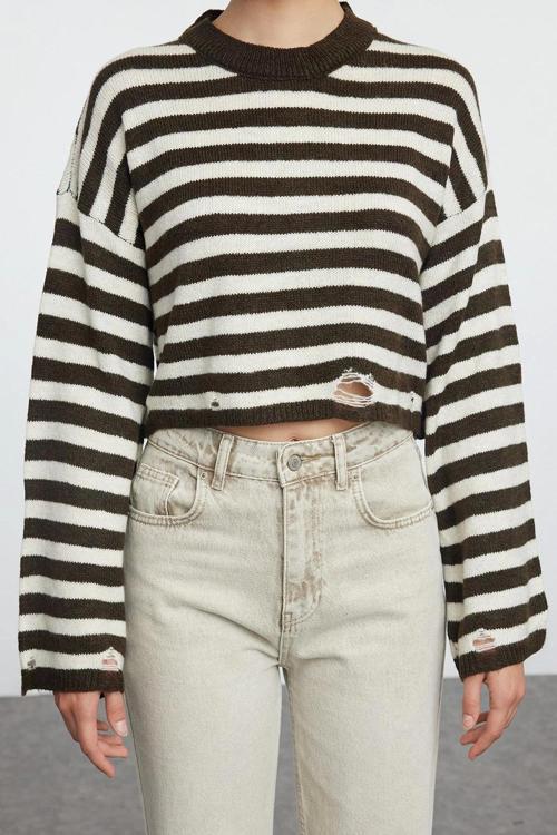Stil Modern Kadın Regular Standart Kol Bisiklet Yaka Yumuşak Dokulu Crop Triko Kazak