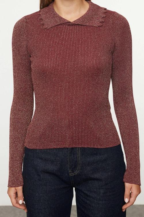Stil Modern Kadın Regular Standart Kol Polo Yaka Fitilli Triko Kazak
