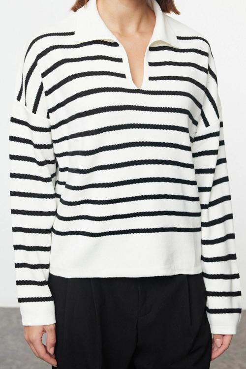 Stil Modern Kadın Regular Standart Kol Polo Yaka Geniş Kalıp Çizgili Triko Kazak