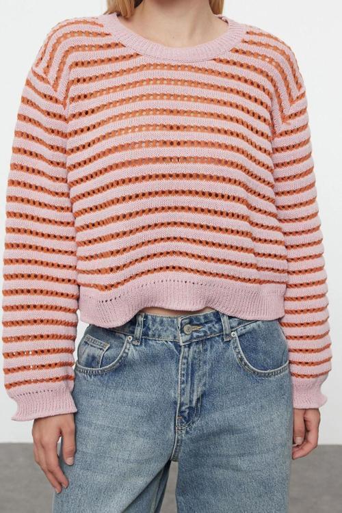 Stil Modern Kadın Regular Standart Kol Bisiklet Yaka Crop Ajurlu Delikli Çizgili Triko Kazak