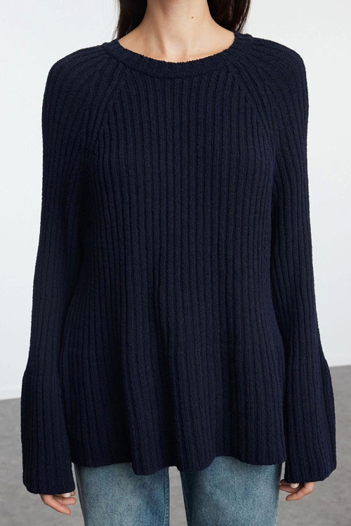 Stil Modern Kadın Regular Standart Kol Bisiklet Yaka Geniş Kalıp Peplum Detaylı Triko Kazak