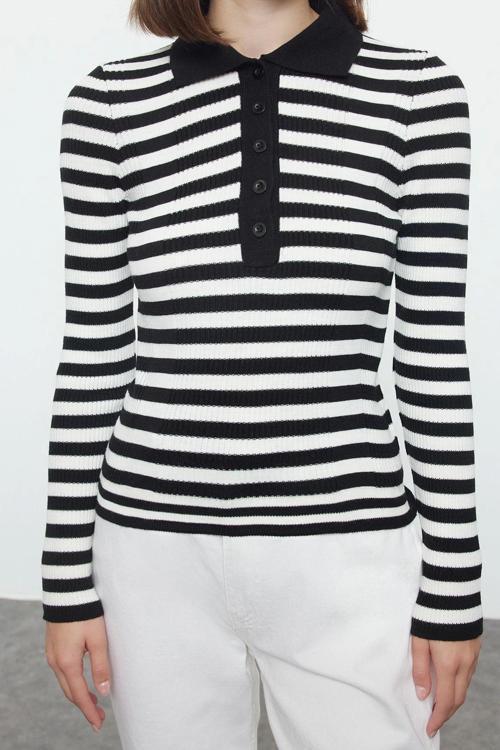 Stil Modern Kadın Regular Standart Kol Polo Yaka Basic Çizgili Triko Kazak