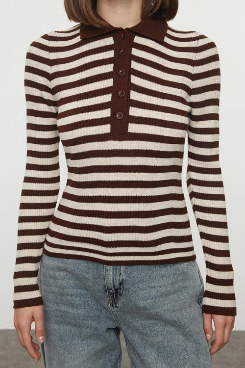Stil Modern Kadın Regular Standart Kol Polo Yaka Basic Çizgili Triko Kazak