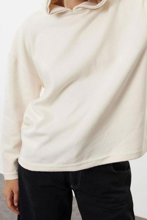 Tarz Bol Kapüşonlu Düşük Kol Uzun Selanik Geniş Kalıp Örme Sweatshirt