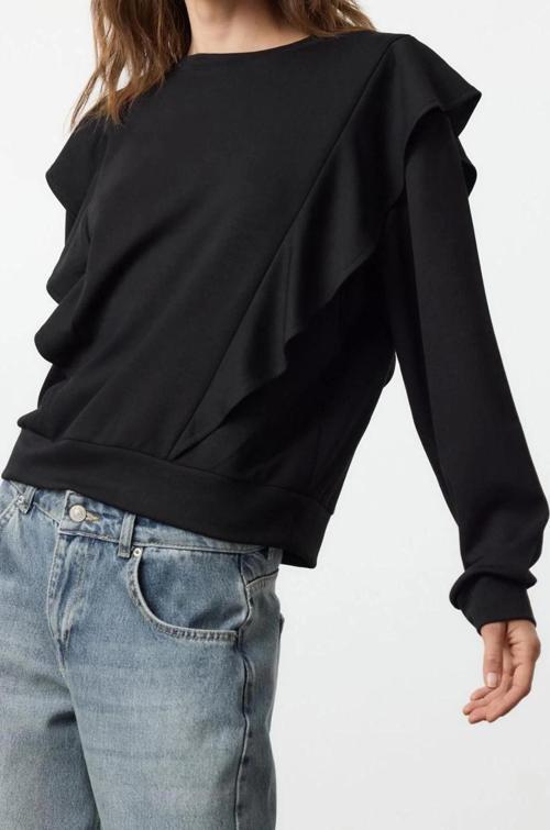 Relaxed Bisiklet Yaka Büzgülü/Fırfırlı Kol Regular Fırfır Detaylı Rahat Kalıp Örme Sweatshirt