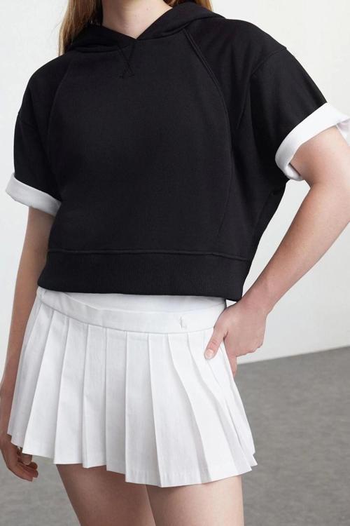 Tarz Relaxed Kapüşonlu Ay Kol Crop Ay Kol Crop Rahat Kalıp Örme Sweatshirt