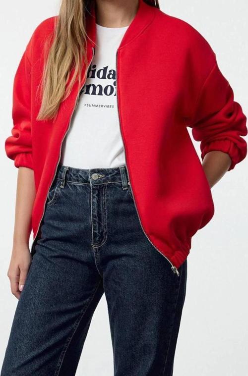 Oversize Bisiklet Yaka Düşük Kol Uzun Fermuarlı Geniş Kalıp Kalın İçi Polarlı Örme Sweatshirt