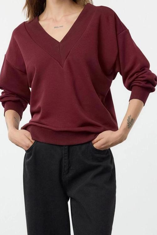 Tarz Bol V Yaka Düşük Kol Uzun Geniş Kalıp Kalın V yaka Örme Sweatshirt