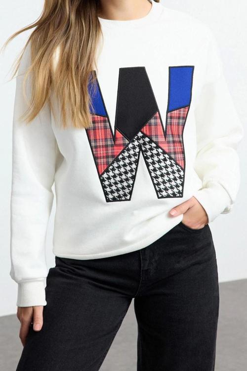 Bol Bisiklet Yaka Düşük Kol Uzun Kalın İçi Polarlı Slogan Patch Geniş Kesim Örme Sweatshirt