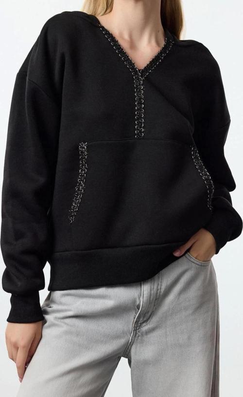 Tarz Regular V Yaka Düşük Kol Regular Aksesuar Detaylı Rahat Kalıp Örme Sweatshirt