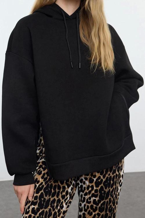 Tarz Bol Kapüşonlu Düşük Kol Uzun Fermuar Detaylı Kalıp Kalın İçi Polarlı Örme Sweatshirt