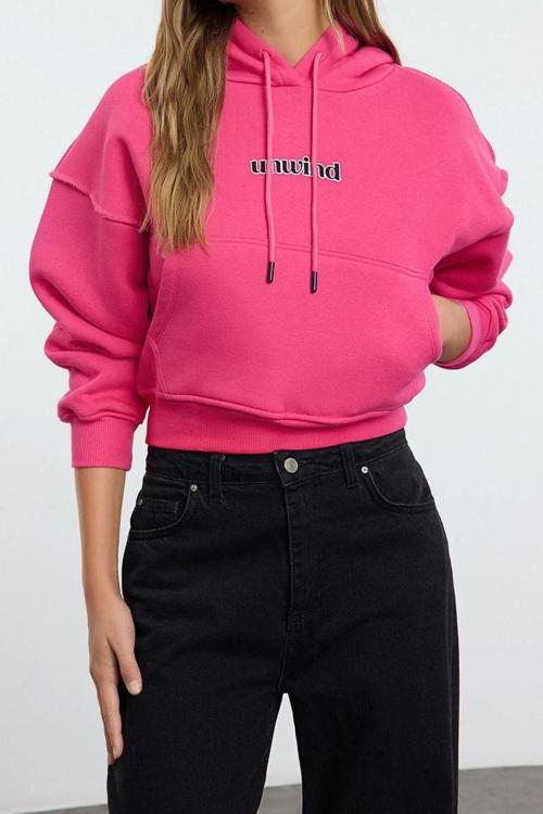 Oversize Kapüşonlu Düşük Kol Crop Slogan Baskılı Geniş Kalıp Kalın Polarlı Örme Sweatshirt
