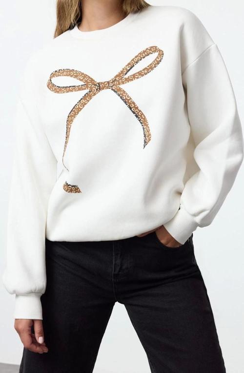 Tarz Bol Bisiklet Yaka Düşük Kol Uzun Baskılı Geniş Kalıp Kalın İçi Polarlı Örme Sweatshirt