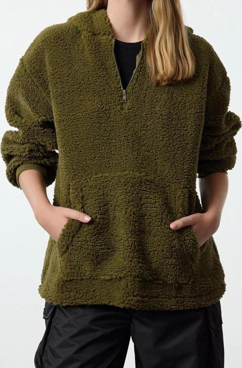 Tarz Bol Kapüşonlu Düşük Kol Uzun Fermuarlı Overize Geniş Kalıp Peluş Örme Sweatshirt