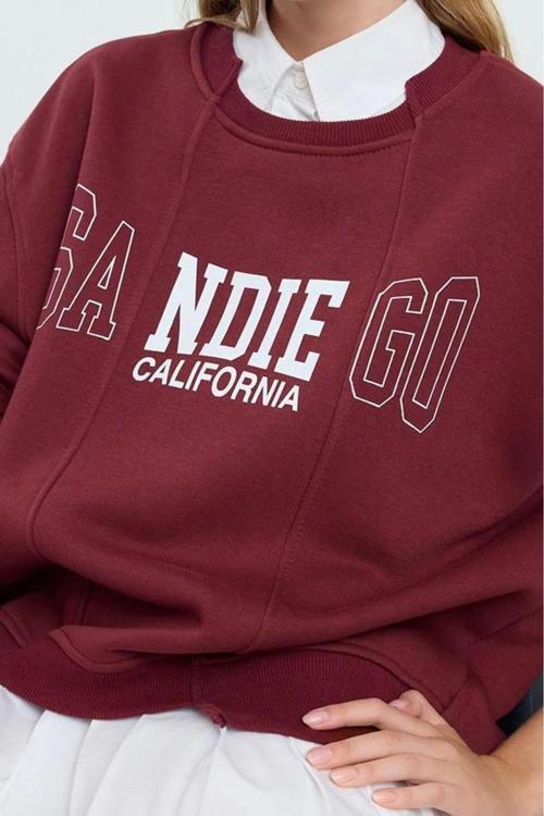 Relaxed Bisiklet Yaka Düşük Kol Uzun Slogan Baskılı Geniş Kalıp Etek Ucu Örme Sweatshirt