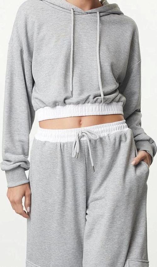 Tarz Crop Kapüşonlu Düşük Kol Crop Normal Kalıp Dokuma Garnili Kalın Örme Sweatshirt