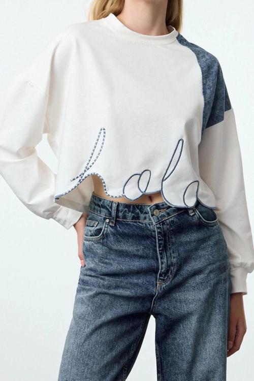 Relaxed Bisiklet Yaka Düşük Kol Crop Denim Garni ve Nakış Crop Kısa Relaxed Örme Sweatshirt